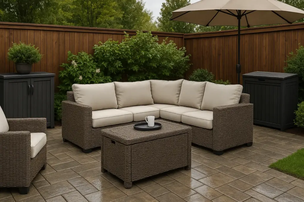 Outdoor patio with weather-resistant furniture and storage.