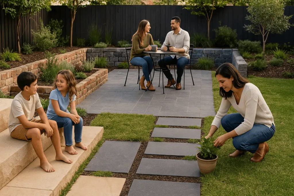 People enjoying garden with natural stone designs