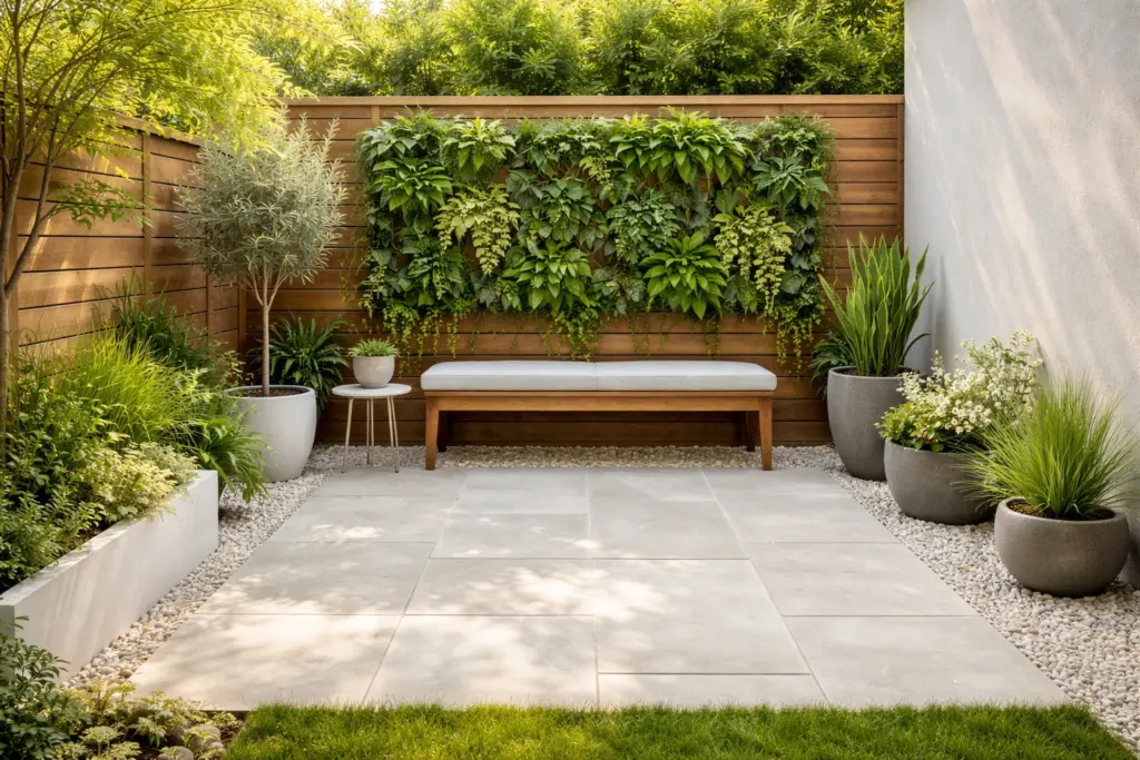 Small backyard using light colors and vertical plants to feel larger