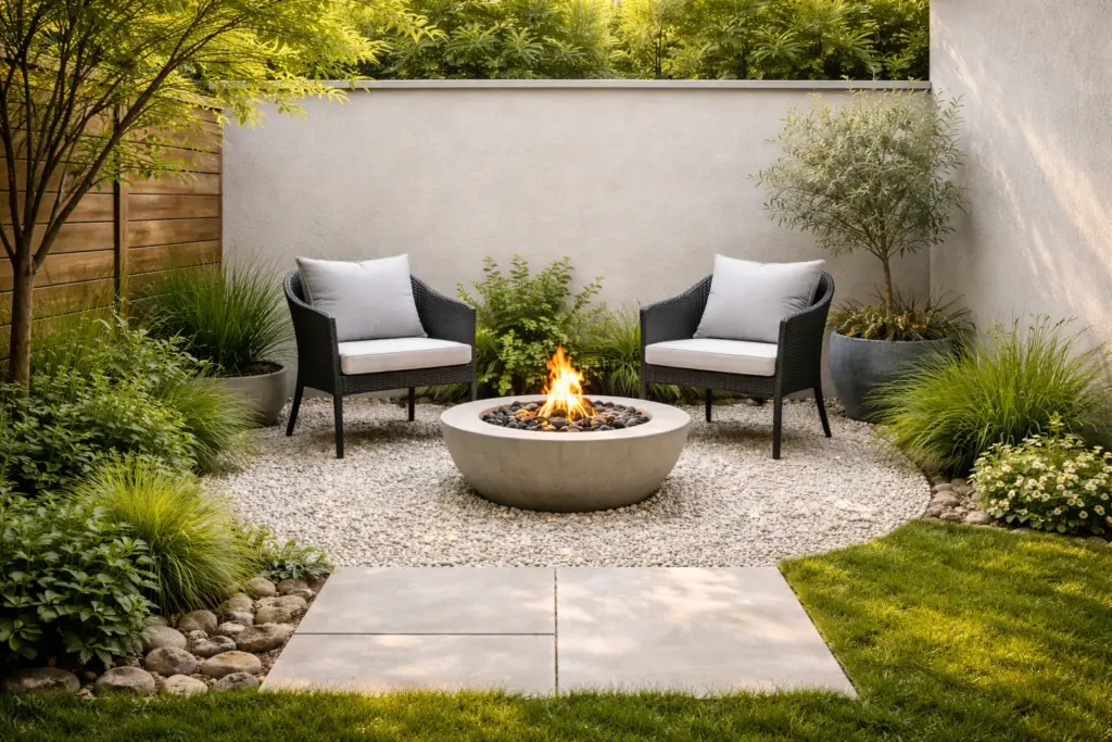 Small backyard with a fire pit as the main focal point