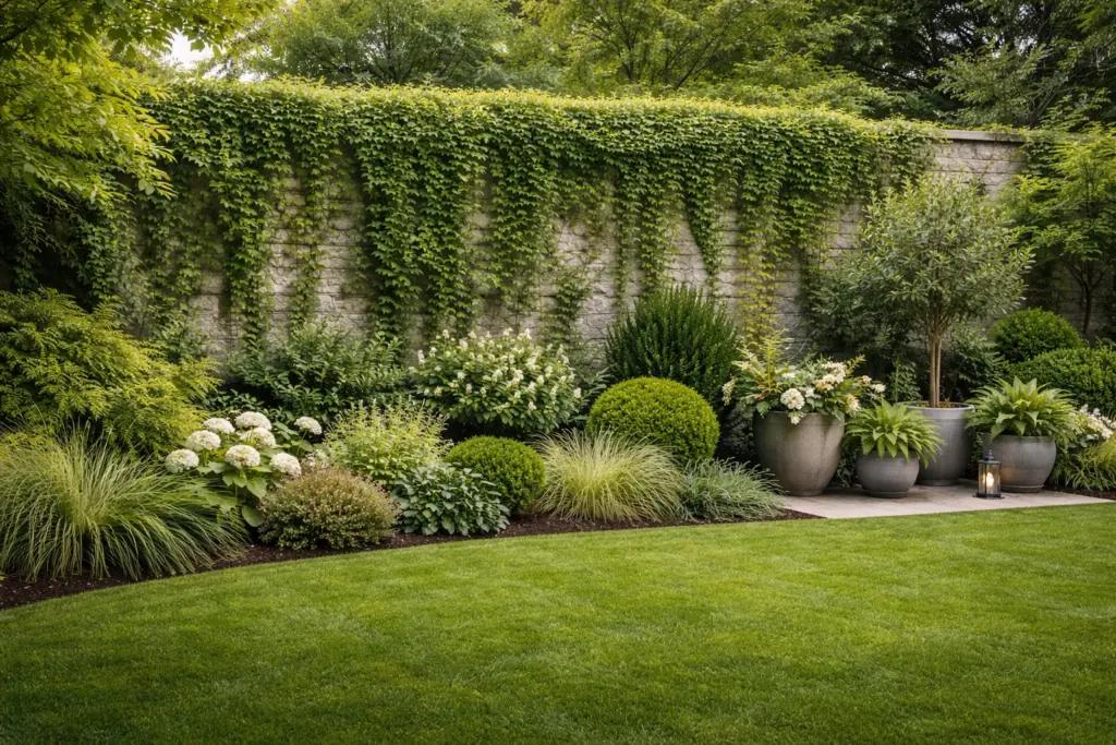 Backyard with climbing plants and layered greenery design