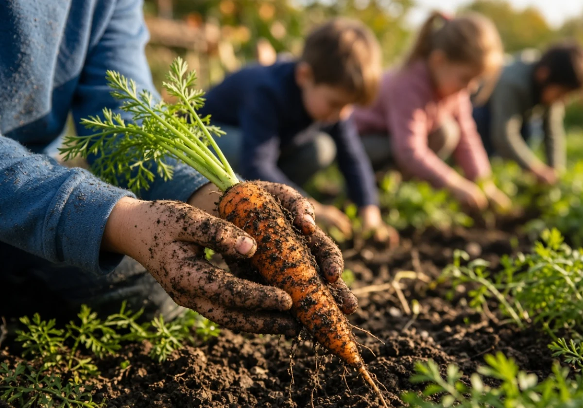 Close-up of a child's dirt-covered hands holding a freshly pulled