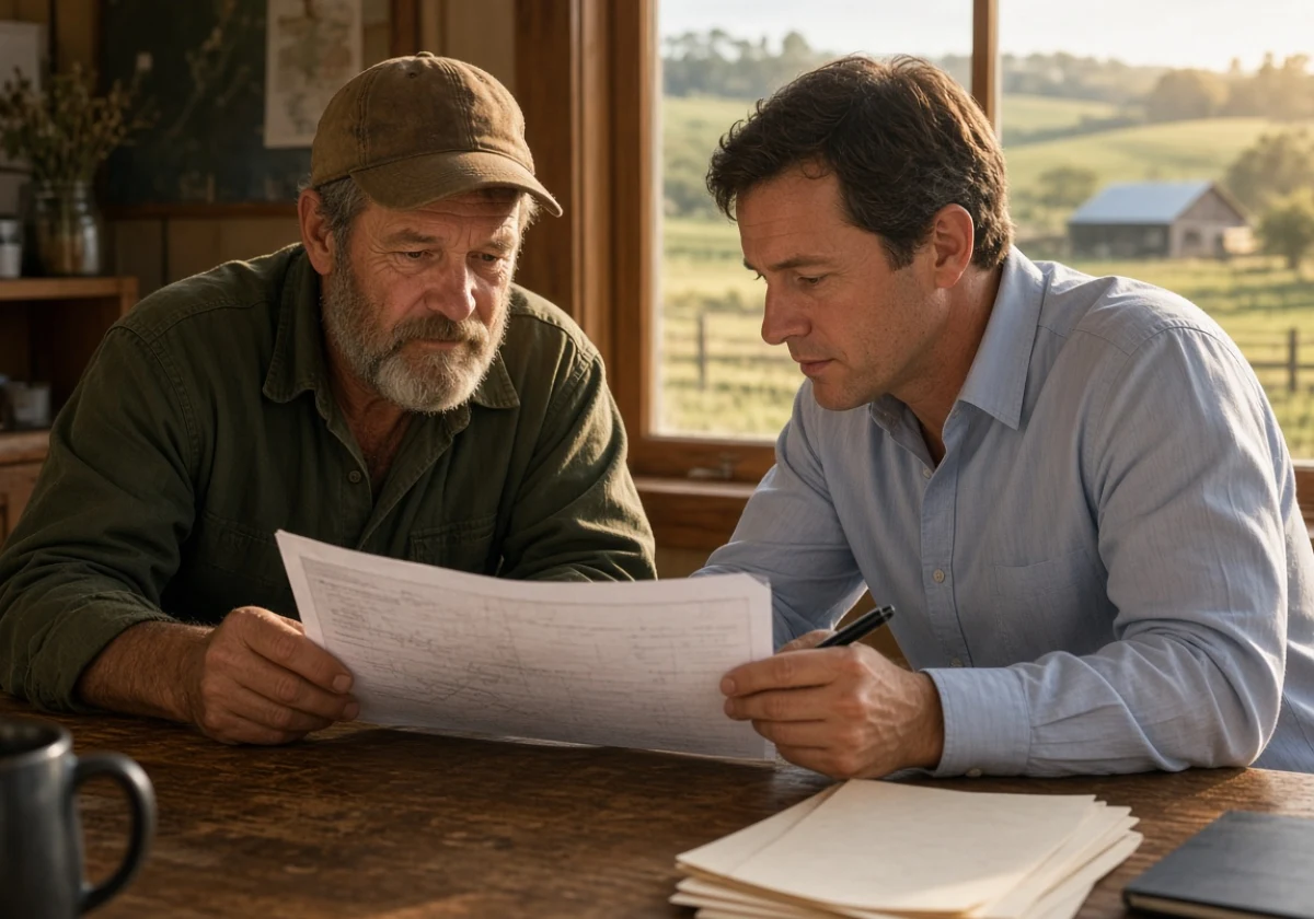 A farmer and county assessor reviewing conservation covenants