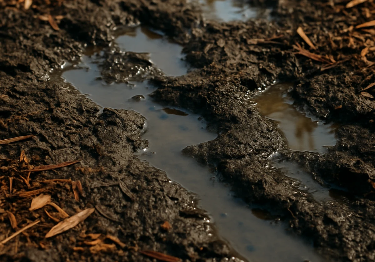Close-up of waterlogged garden bed soil with standing water