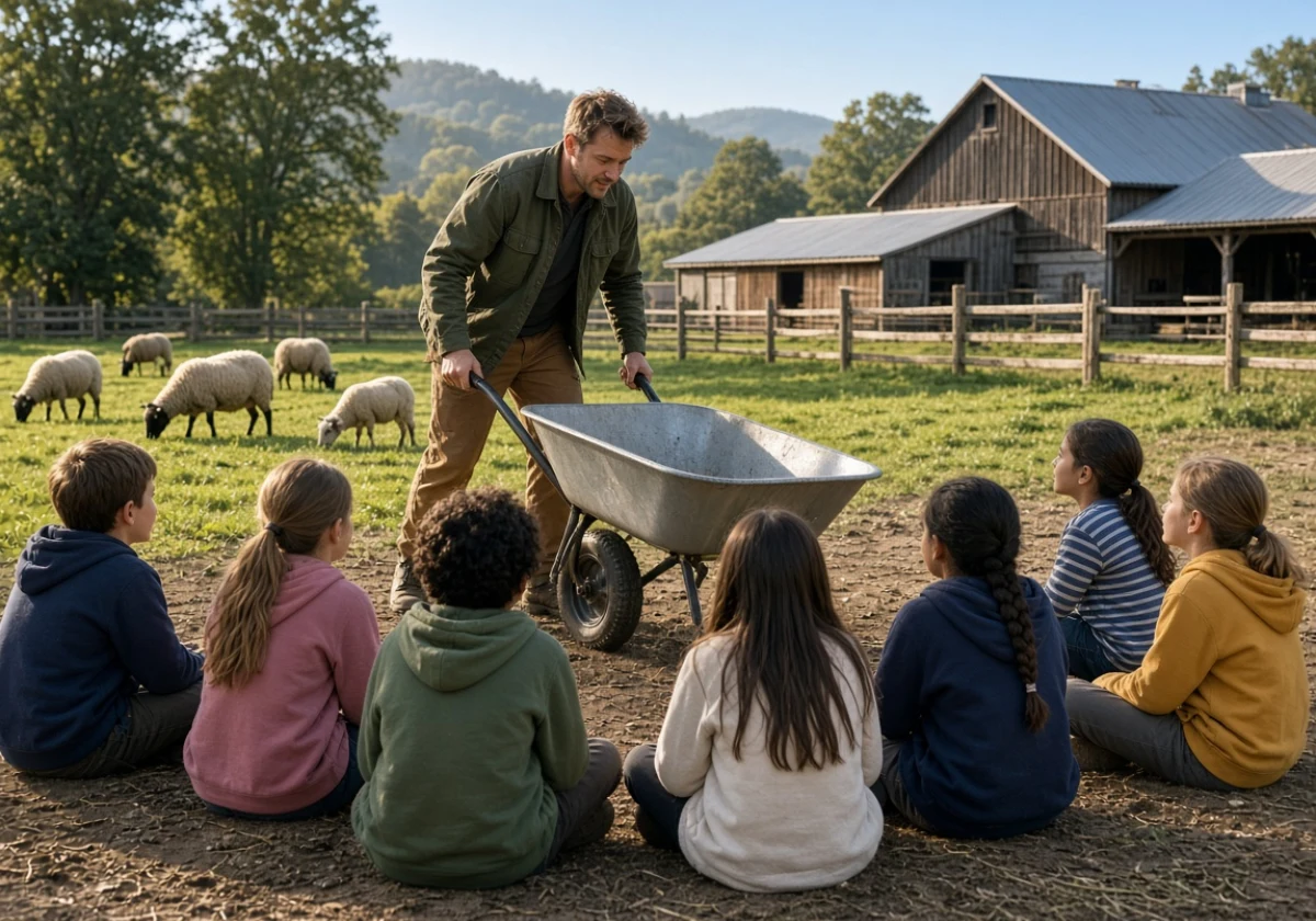 Farm educator in work clothes demonstrating wheelbarrow techniques