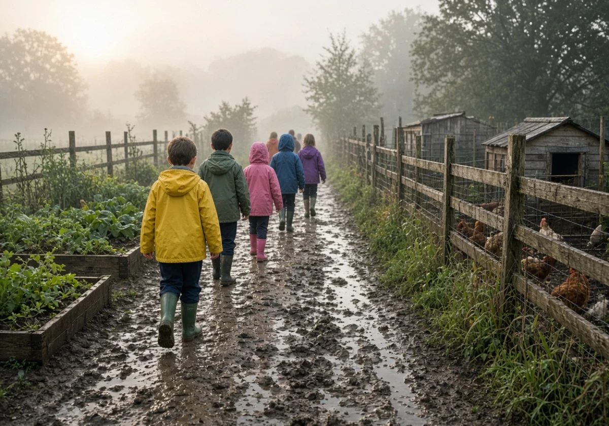 Line of primary-school children wearing wellington boots and rain