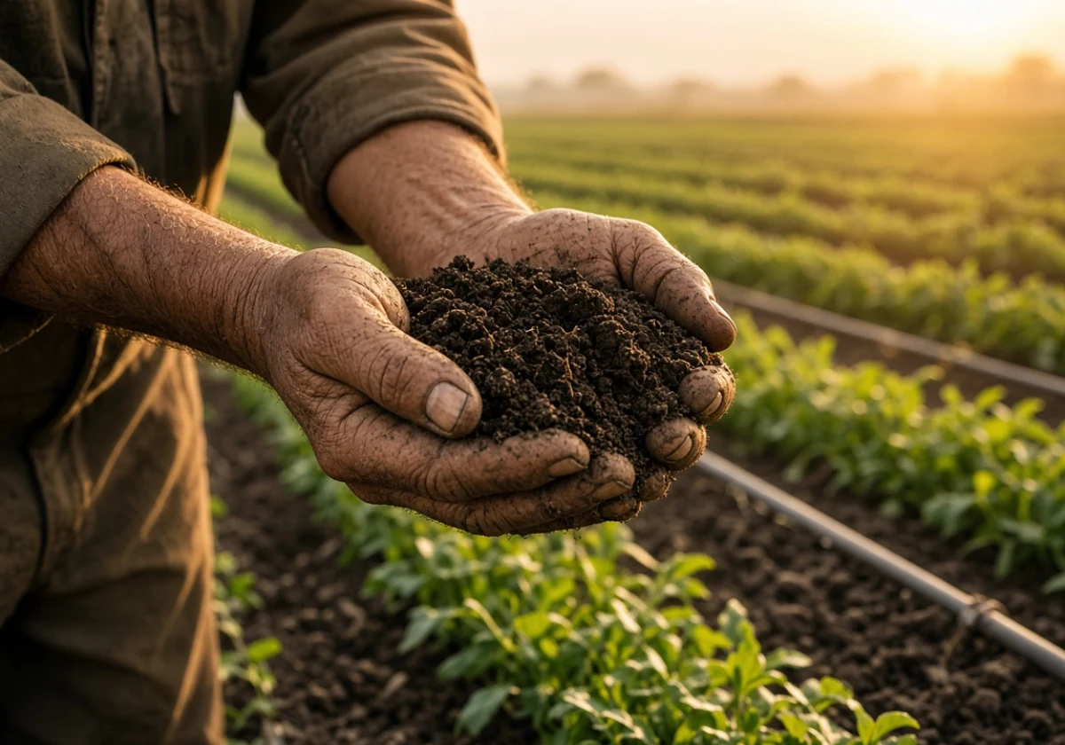 A farmer holding a handful of soil