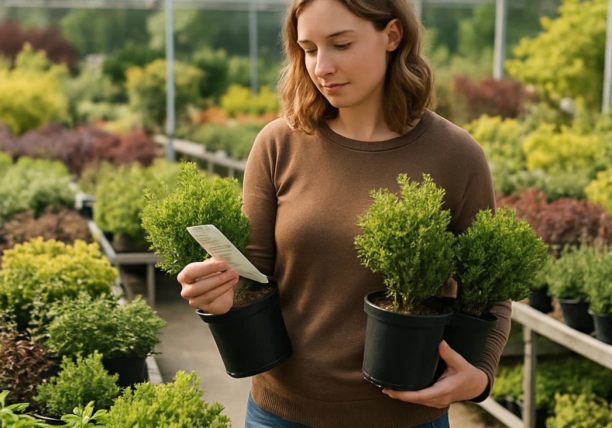 Person at a garden center nursery examining plant care tags while