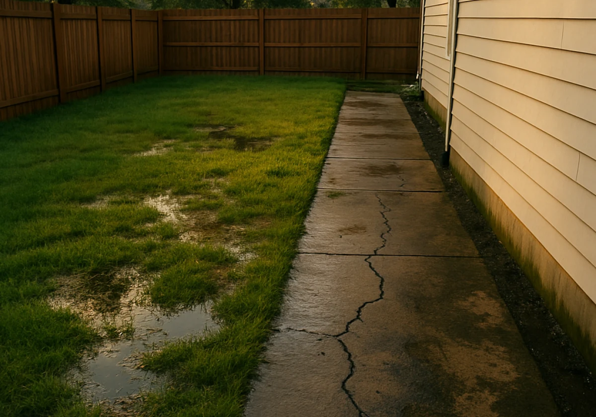 Suburban backyard with a cracked concrete pathway showing dark water